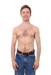 Man after scoliosis treatment on white background