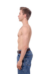 Man after scoliosis treatment on white background