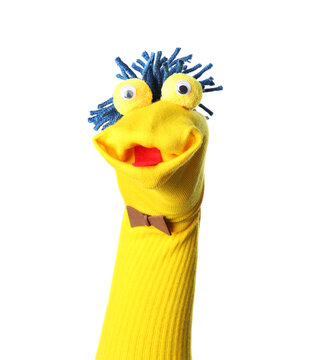 Funny sock puppet with hair isolated on white