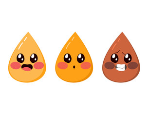 Vector illustration cartoon of various pee-drop mascots in different colors indicating levels of hydration. Humorous medical awareness design