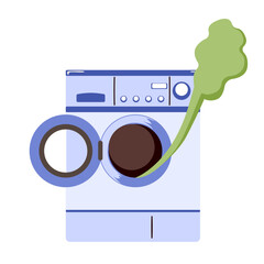 Vector illustration cartoon of a washing machine with open door emitting green odor cloud, symbolizing dirty laundry
