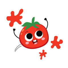 Obraz premium Vector illustration cartoon of a playful tomato character flying through air with tomato splatters, celebrating Valencia’s Tomatina holiday festival