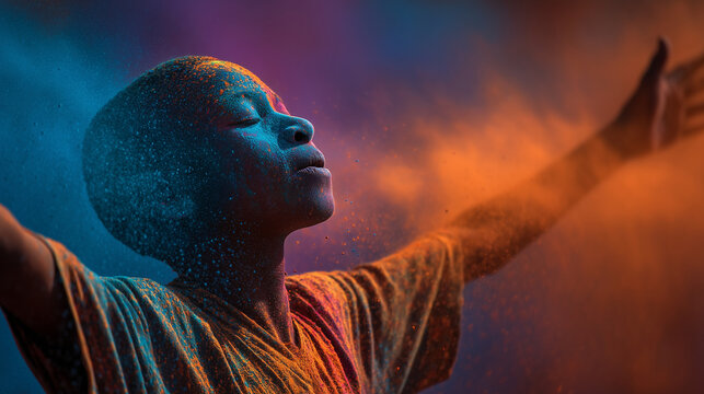 vibrant portrait of african boy covered in colorful powder during holi celebration – ideal for illustrating cultural festivals, unity, freedom, or expressive editorial content