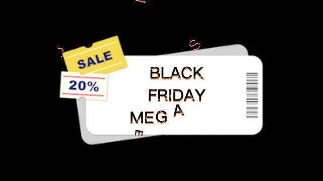 A sale coupon with a twenty percent off sign and a white card with a barcode on a black background