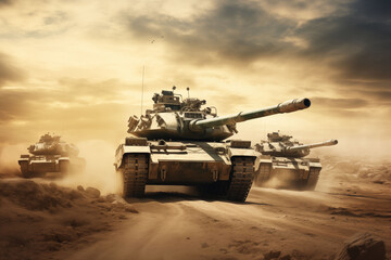 Military tanks move across dusty desert terrain.