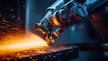 High-Tech Robotic Arm in Action with Sparks and Precision Engineering Close-Up | Generative AI