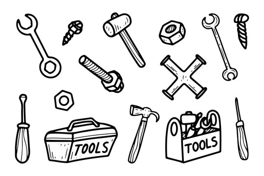 Handyman tool set. Hand drawn doodle vector. Hammer, screwdriver, cross wrench, toolbox. Workshop equipment for unscrewing nuts, tightening screws, hammering nails. Illustration line art element.