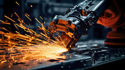 High-Tech Robotic Arm in Action with Sparks and Precision Engineering Close-Up | Generative AI