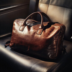 brown leather carry-on bag is lying on the clean and modern seat of business class airplane, dark light, soft light 