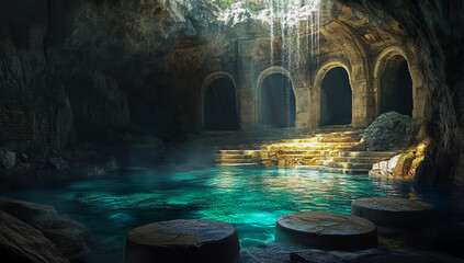 A spacious, natural rock cave, with a pool of water illuminated by sunlight streaming through an opening above it, with an arched entrance to a hidden chamber on one side.