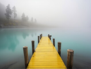 Fototapeta premium Bright yellow wooden pier with peeling paint, low angle view, fading into thick mist above calm turquoise water, next to dark grey rocky cliffs, serene and moody landscape.