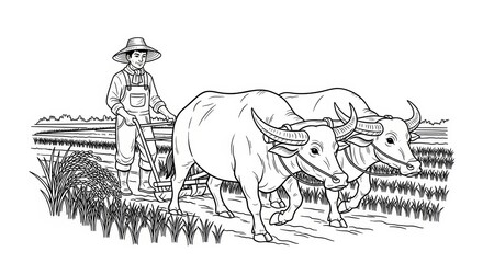 Farmer Plowing Field with Water Buffalo