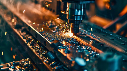 CNC Machine Cutting Metal with Sparks in Industrial Workshop | Generative AI