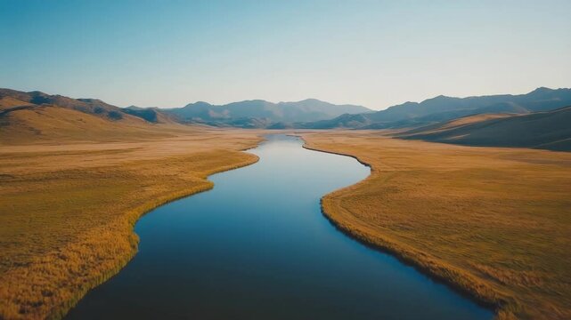 Serene Mountain River: Aerial Drone Footage, Smooth Cinematic Transitions, Golden Hour Lighting, 4K Resolution, Slow-Motion River Flow, High Frame Rate.