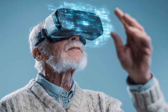 An older man is wearing a virtual reality headset and playing a game - Powered by Adobe