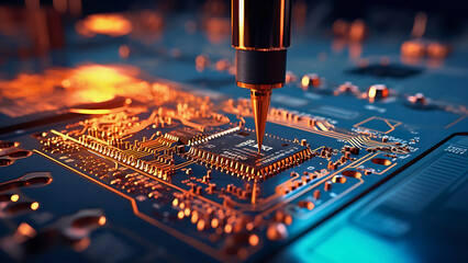 Close-up of Soldering Iron Tip Melting Solder on Circuit Board – Electronics and Engineering Concept | Generative AI