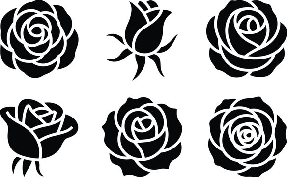 Set of black rose flower silhouettes floral design elements on white