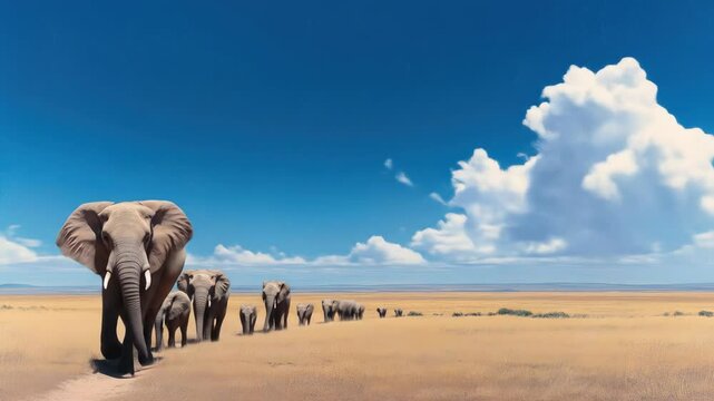 Elephants Walking Across Dry African Savanna  
