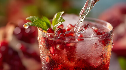 Pomegranate cooler with ice cubes and fresh mint leaves being poured into glass, refreshing red drink with condensation on glass, vibrant and appetizing beverage