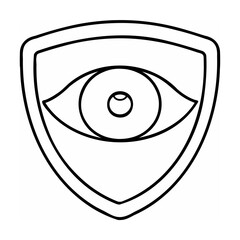 Simple black and white illustration of an eye within a shield shape symbol