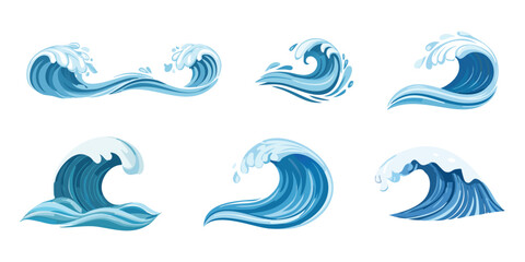 Ocean Wave Collection: A set of diverse ocean wave illustrations, showcasing various wave forms and styles, perfect for design projects needing a nautical or watery theme.
