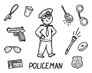 Policeman set. Hand drawn doodle vector. Cartoon officer. Equipment: handcuffs, radio, flashlight, whistle, gun, badge. Cute character. Illustration line art elements.