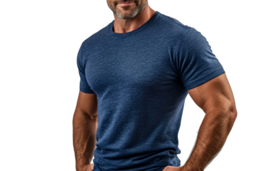 Strong athletic man wearing a fitted blue t-shirt showcasing a muscular physique in a confident pose for lifestyle, fitness, and fashion photography projects