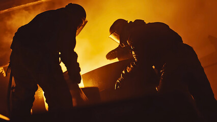 Steelworkers Pouring Molten Metal in Industrial Foundry with Glowing Heat and Protective Gear | Generative AI
