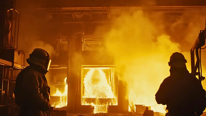 Steelworkers Pouring Molten Metal in Industrial Foundry with Glowing Heat and Protective Gear | Generative AI