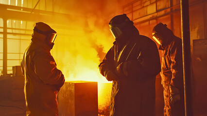 Steelworkers Pouring Molten Metal in Industrial Foundry with Glowing Heat and Protective Gear | Generative AI