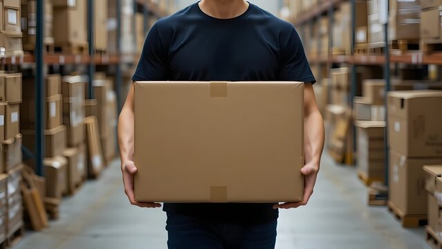 Warehouse Worker Carrying Cardboard Box in Industrial Setting - Powered by Adobe