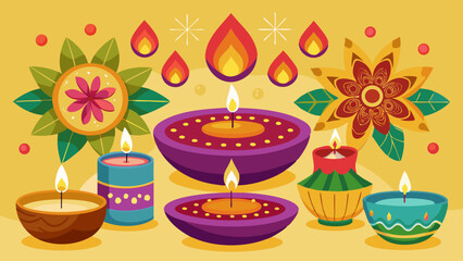 Vector art of a vibrant collection of colorful candles illuminates a festive scene, celebrating diwali with intricate patterns and traditional designs
