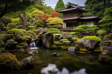 Fototapeta premium A tranquil Japanese garden with a view of a waterfall house.