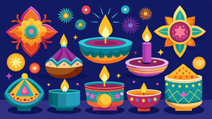 Vector art of a festive collection of uniquely designed candles and diyas creates a warm and inviting diwali atmosphere against a dark background