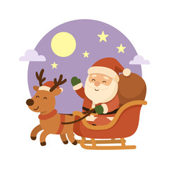 Santa in sleigh flying with reindeer in night sky. This Santa in sleigh image captures the magic of Christmas night.