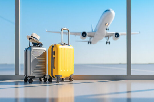Vivid travel scene featuring colorful suitcases near a terminal window with a visible airplane departing, symbolizing exploration, adventure, vacations, or business journeys around the globe. - Powered by Adobe