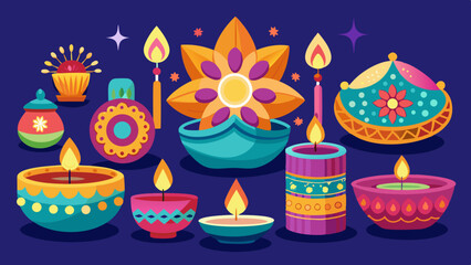 Vector art of intricate diwali lamps and candles radiate warmth and festive cheer, their colorful patterns and glowing flames creating a celebratory atmosphere