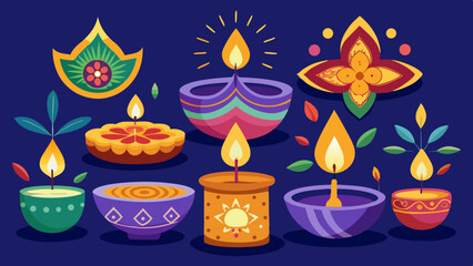 Vector art of glowing diwali candles and lamps cast a warm inviting light, their vibrant colors and intricate designs celebrating the festival of lights