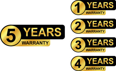 Set of black and gold warranty labels for 1 to 5 years in bold style for product protection tags	