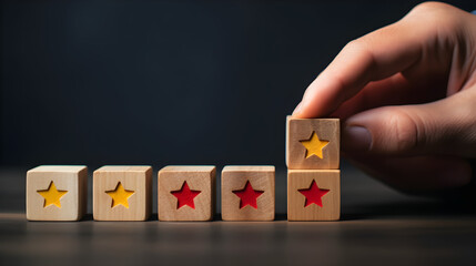 Person rating customer satisfaction online on wooden block for feedback survey concept. Feedback review for quality, business reputation ranking from buyer.