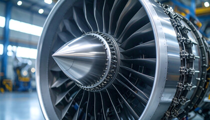 Industrial Marvel: Close-up of a Powerful Jet Engine - A detailed perspective showcasing the intricate design and robust engineering of a jet engine, symbolizing power and technological innovation. 