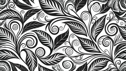 Black and white floral pattern with swirling vines and leaves vector