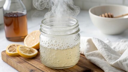 Steaming beverage in a jar with lemon slices and honey on a wooden board.