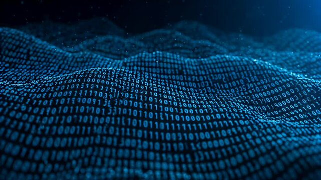 Abstract Digital Binary Code Forming Wavy Pattern in Blue Tones with Dark Background