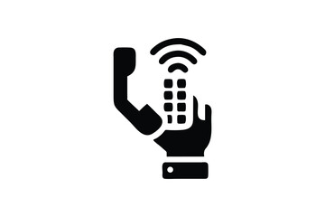Hand holding cordless phone, making a call, wireless communication, modern technology, minimalist black and white icon.