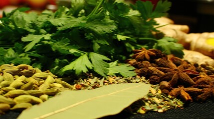 Assorted herbs and spices in artistic arrangement, celebrating natural flavors and culinary diversity