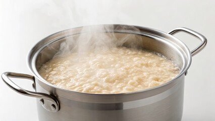Cooking pot with bubbling contents and steam rising above.