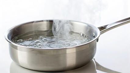 Boiling water in a stainless steel pan with steam rising.