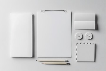 Minimalist White Stationary Mockup Notepad, Paper, Pencils, Buttons on Neutral Background