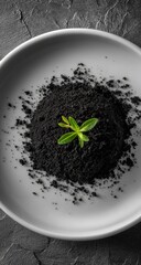 Small sprout in dark soil on plate